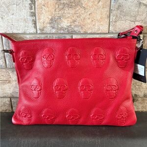 NWT Iopelle Red Skull Embossed Leather Crossbody